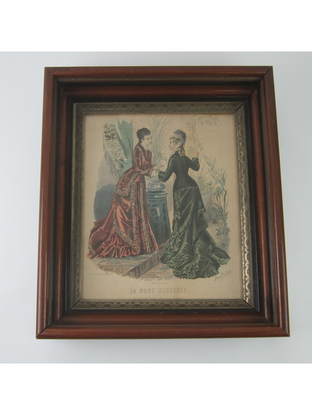 Antique Victorian Deep Picture Frame Wood Gilt La Mode Paris Print in Glass 16"